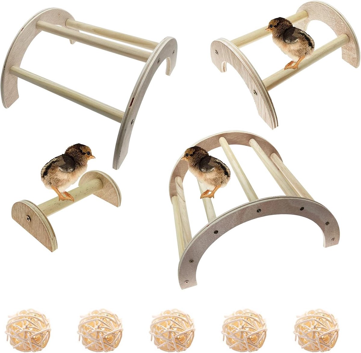 Handgemaakte Houten Jungle Gym met Roestbalk voor Vogels en Kippen, Inclusief 5 Rieten Ballen voor Parrots en Kleine Vogels