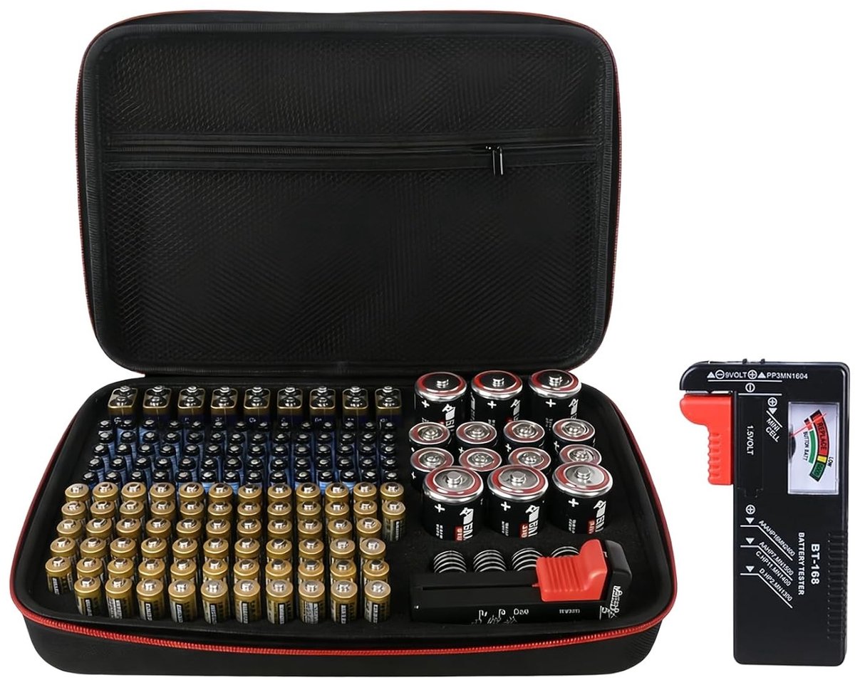 Batterijtester - Zwart - 35 x 25 x 6,5 cm - Kunststof batterijopbergdoos met batterijtester - Voor thuis en kantoor