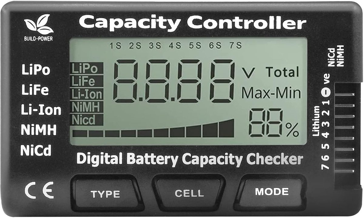 Batterijtester - Zwart - 8,5 x 5 x 1,6 cm - Compacte Digitale Capaciteit Checker - Voor LiPo, LiFe, Li-ion, NiMH en NiCd Batterijen