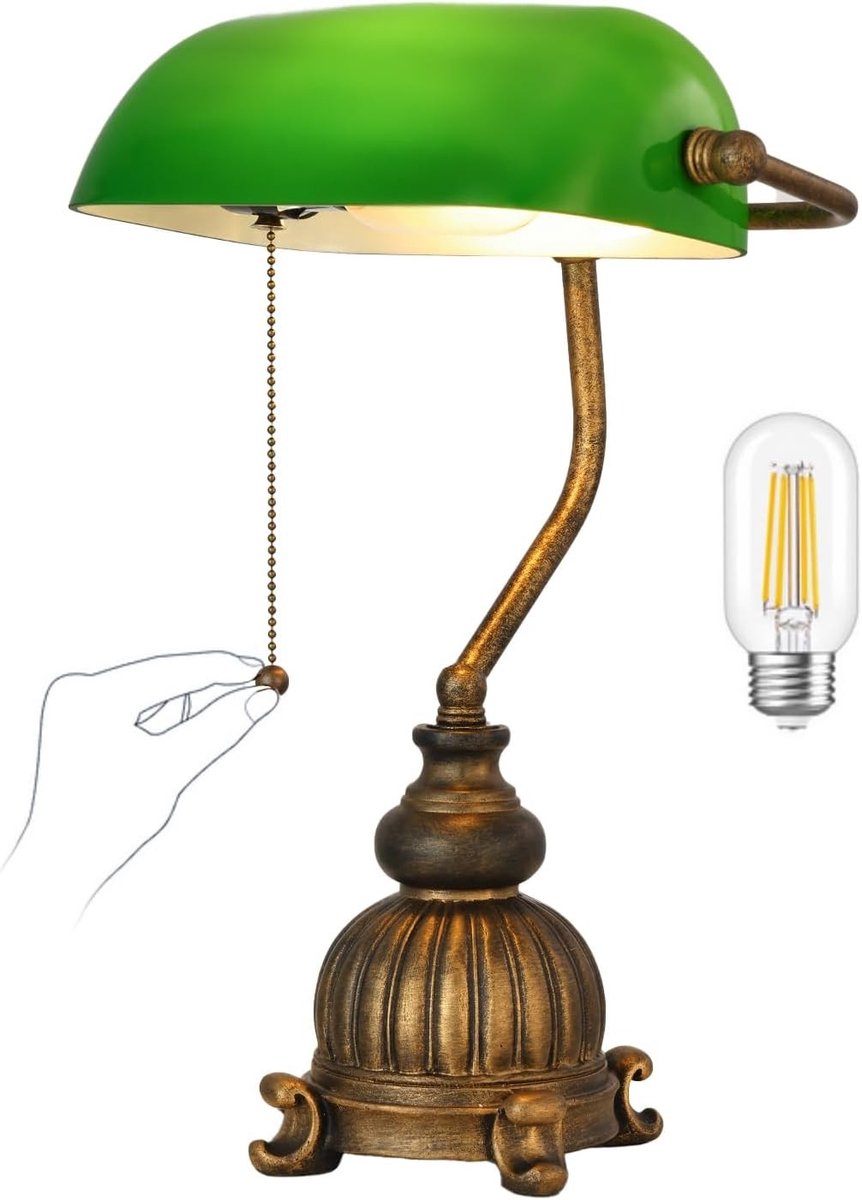 Bankierslamp - Groen - 38,5 x 28 cm - Glas en Hars - Voor Kantoor en Bibliotheek