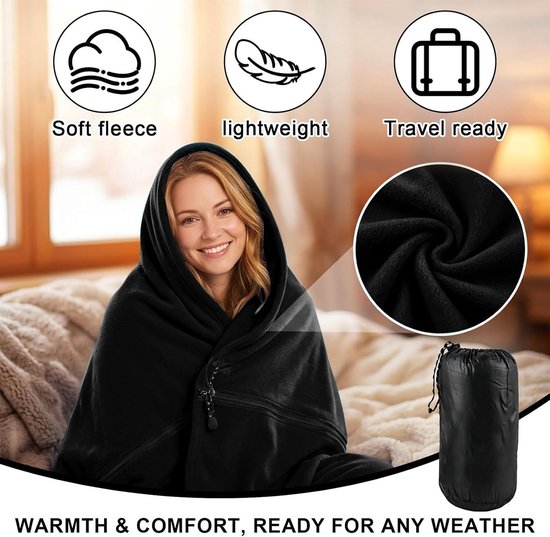 Slaapzak - Zwart - 180 x 82 cm - Fleece Huttenslaapzak voor Lente en Zomer - Voor Volwassenen en Jongeren — afbeelding 4