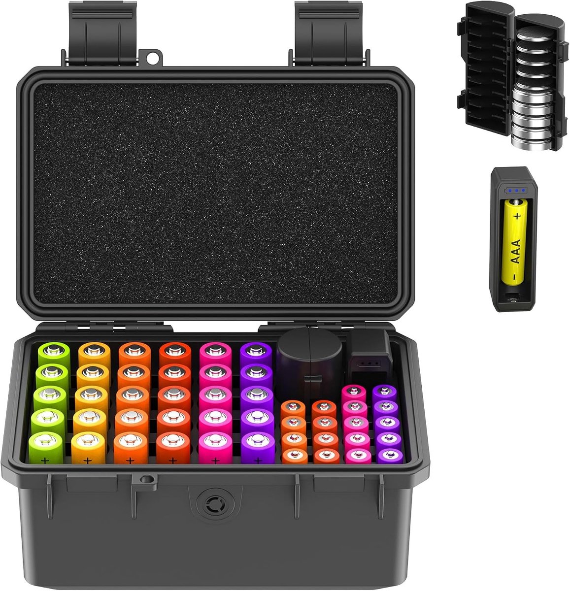 Batterijtester - Waterafstotende batterijorganizer - 18 x 13,2 x 7,7 cm - Hardshell opbergkoffer voor AA, AAA en knoopcelbatterijen - Voor thuis en outdoor gebruik