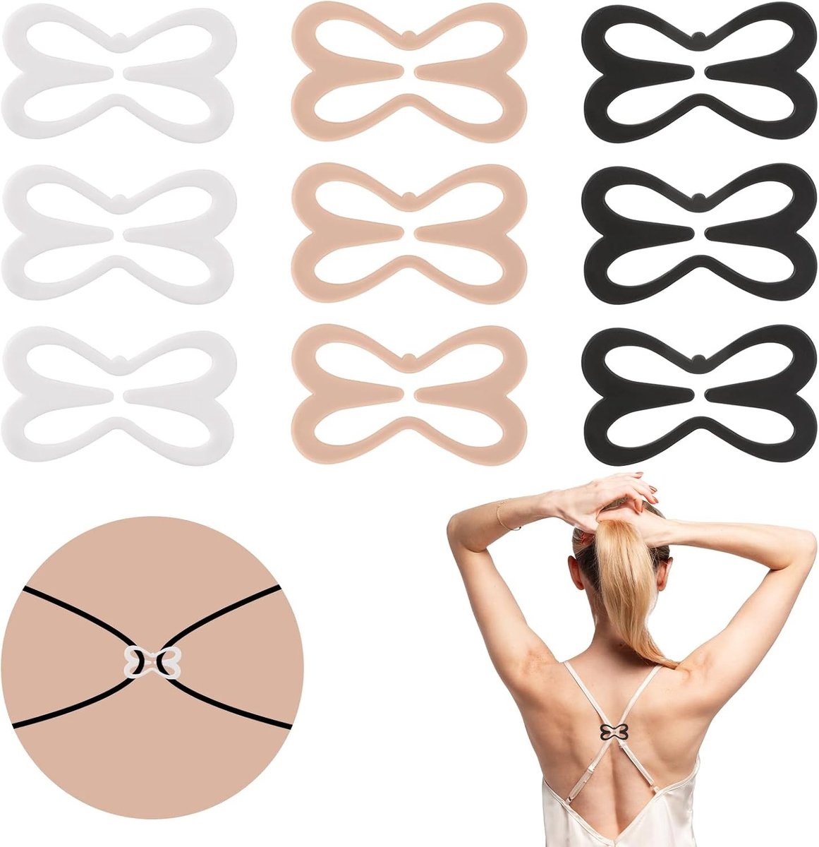 Pack van 9 niet-slip clips voor racerback bh's, cross-back clips en gespen voor verborgen banden en décolleté controle