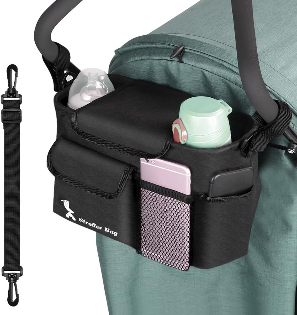 SnelShoppen - Kinderwagentas, Universele Buggy-Organizer met Bekerhouder, Zwart, Luiertas en Kinderwagenaccessoires met Verstelbare Schouderriem