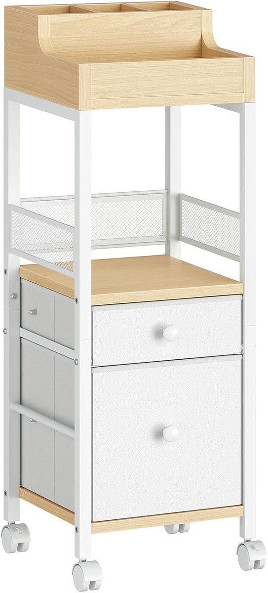 Mobiele Make-up Trolley met Stoffen Bak, Opbergwagen voor Cosmetica, Huidverzorging en Haarproducten, Wit en Natuurlijk, 30 x 30 x 90 cm
