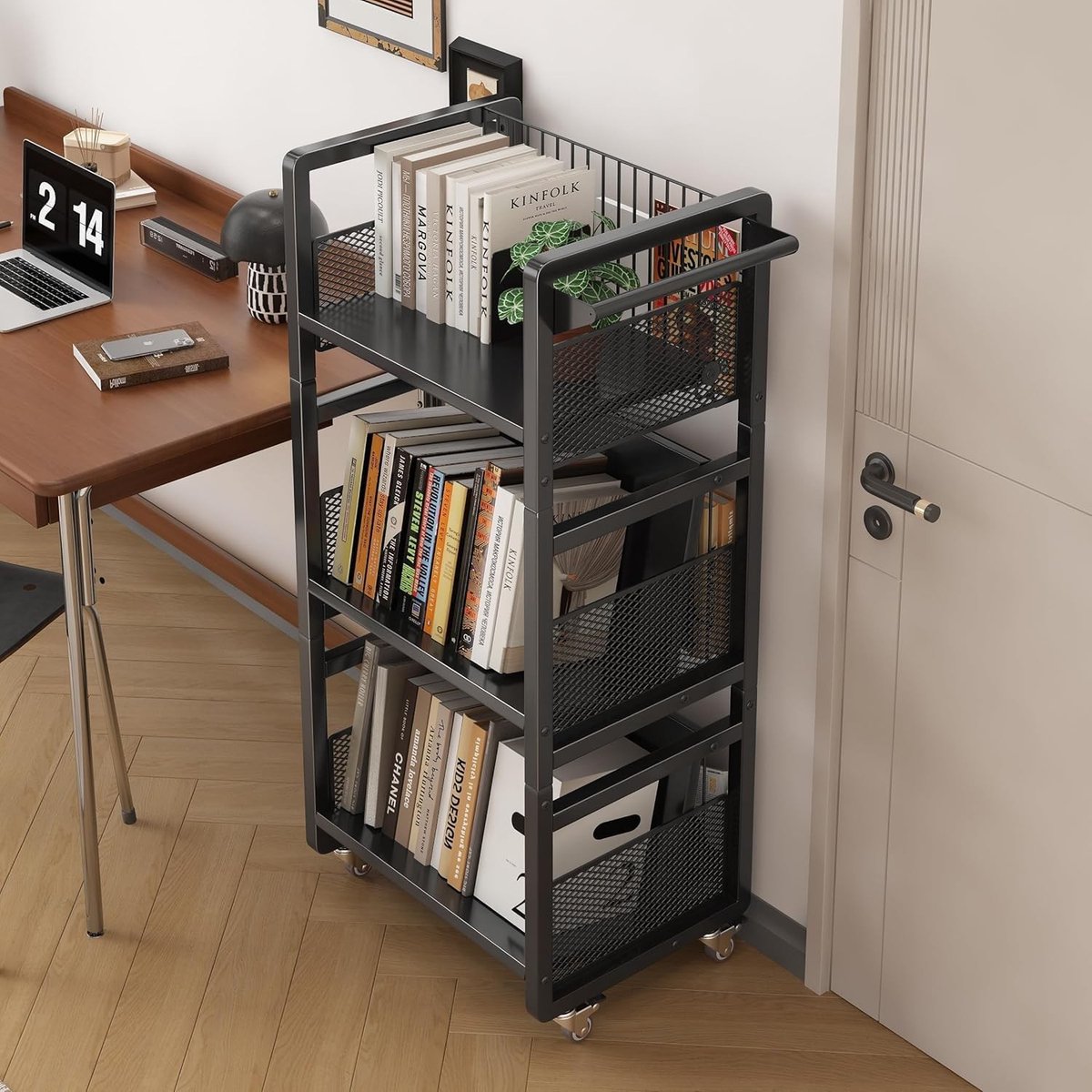 Boekenkarren met Wielen voor Bibliotheken | 70kg Capaciteit, 3 Magnetische Boeksteunen, Opslagoplossing voor Kantoor, Studie en School