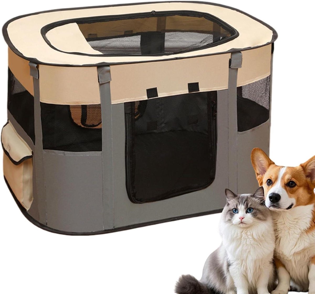 Kattenren Opvouwbaar - Honden Ren Tent - Huisdier Verblijf - 360 Graden Ventilatie - 80x60x55 cm - Grijs
