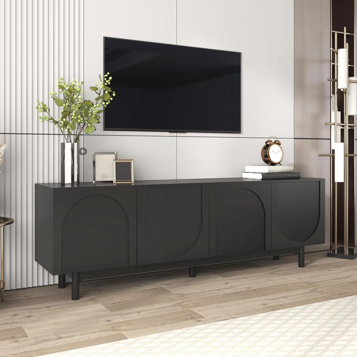 Tv-meubel - Tv-kast Lowboard - Woonkamer Opbergen - Gestructureerde Deuren - 175 x 38 x 56 cm - Zwart