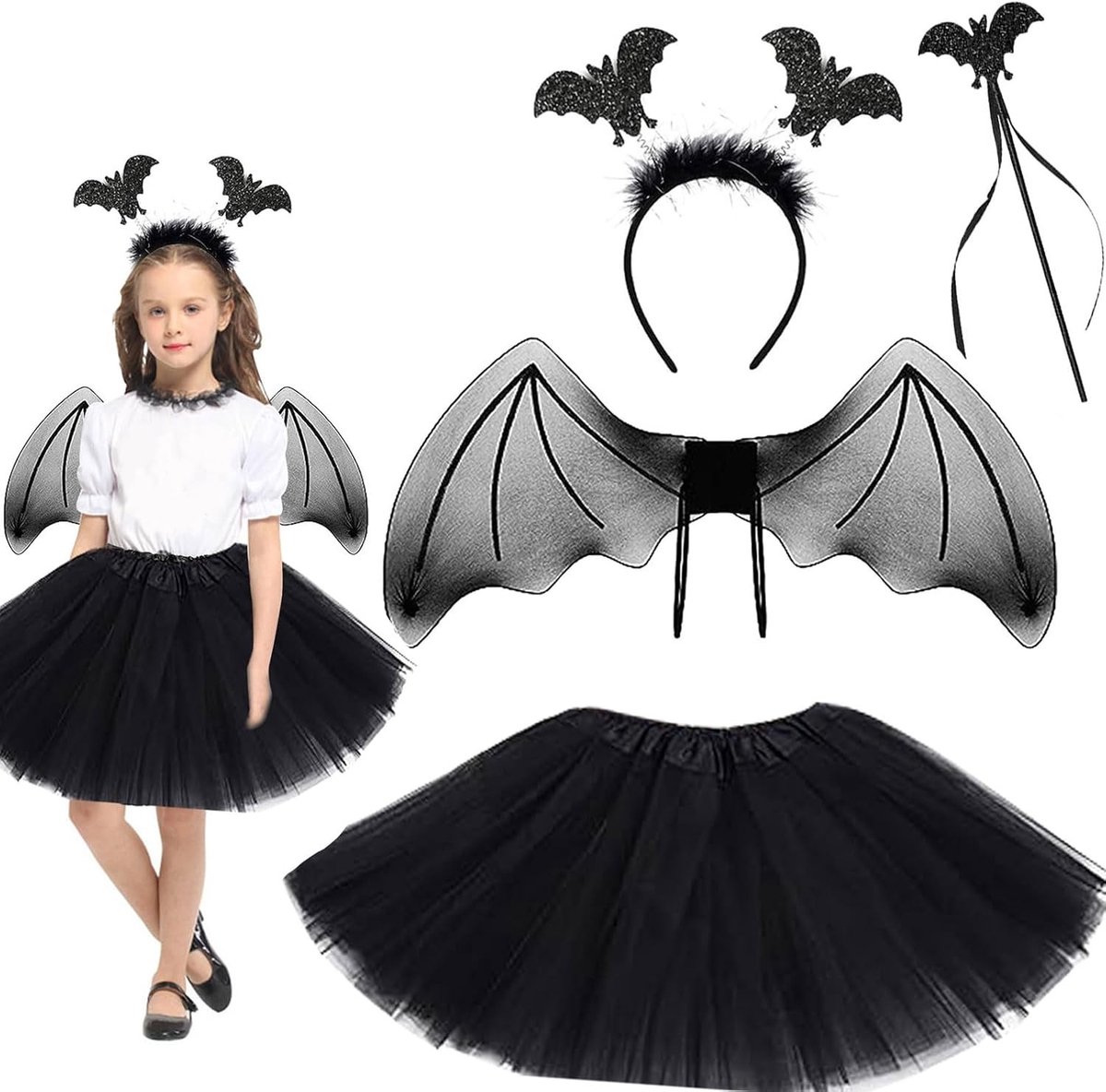 Vleermuiskostuum voor Kinderen - 6 Delig Halloween Kostuum voor Meisjes en Jongens, Perfect voor Carnaval en Themafeesten