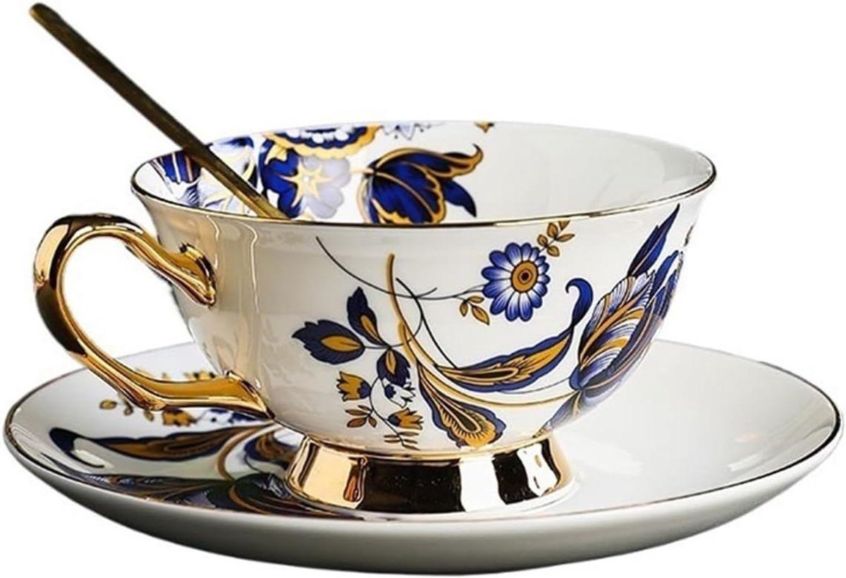Kop en schotel - Theeset mok - Geniet van koffie - Fijn porselein - 220 ml - Zwart