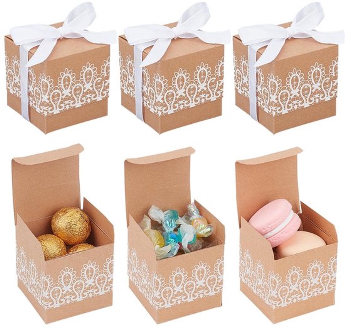 Verpakking van 40 Kraft Papieren Lace Huwelijks Candy Dozen - 5x5x5 cm, Bruin, Inclusief Strik
