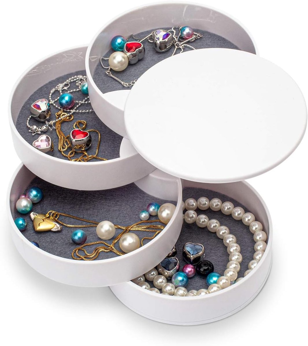 Draaibare 4-Lagige Sieradendoos met Deksel – Opbergbox voor Ringen - Armbanden en Oorbellen – Compact en Ruimtebesparend – Wit