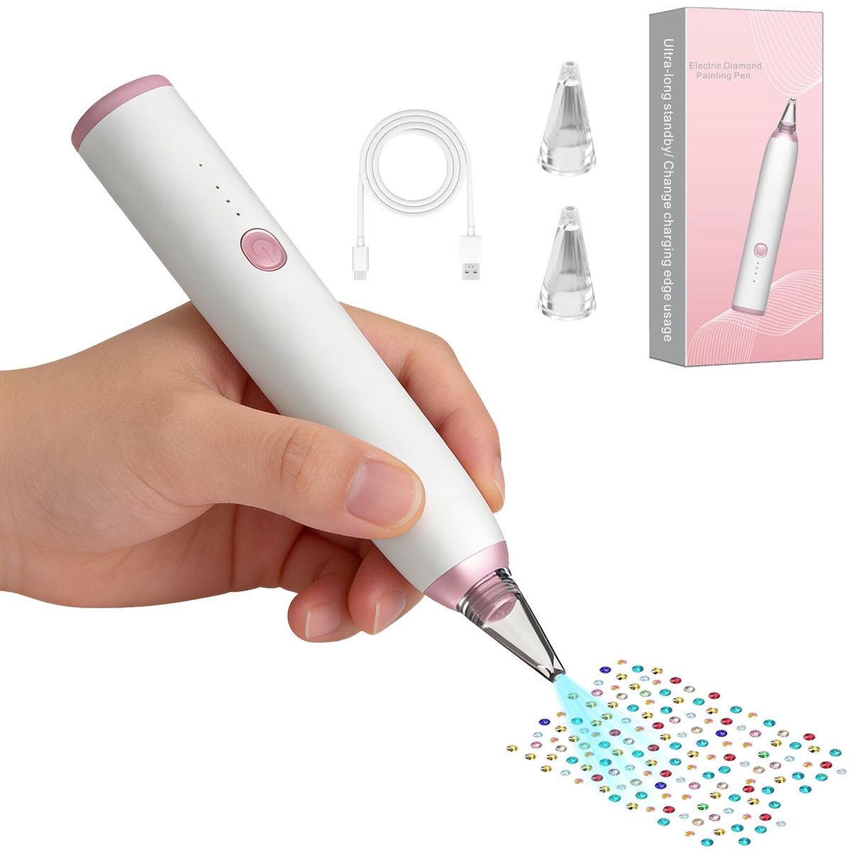 Ryoudavell - Elektrische Diamond Painting Pen - Draadloos - Oplaadbaar - Drie instellingen voor de zuigkracht - diamantschilderij accessoires - Inclusief oplaadkabel -Er worden twee zuigmonden meegeleverd-Cadeaus geschikt voor kinderen en volwassenen