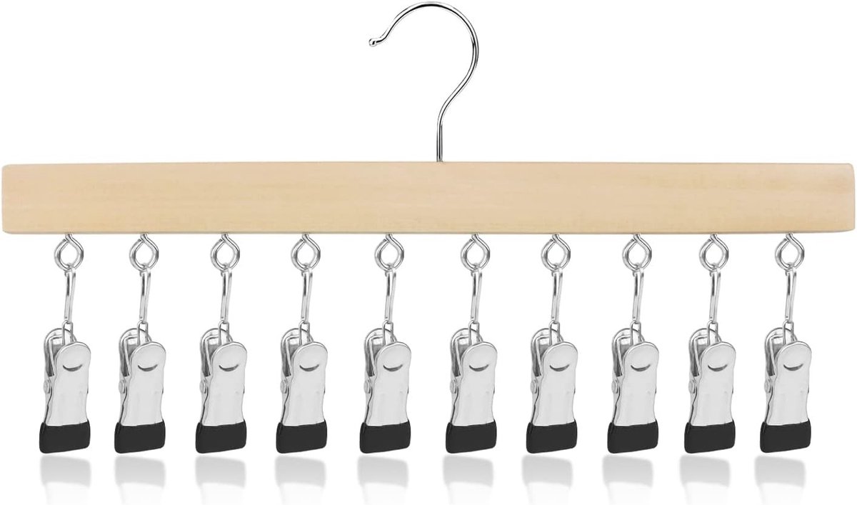 Droogrek voor radiator - Houtkleur - 10 clips - Houten wasrek met 360° draaihaak - Voor sokken en klein textiel