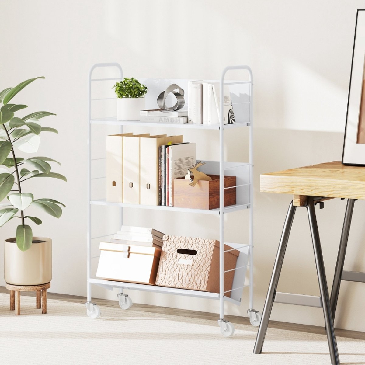 MIVRAY Boekenkast – 3 Lagen Met Wielen – 69 x 26 x 108 cm – Metaal – Wit – Open Opbergrek Voor Slaapkamer, Woonruimte of Kantoor