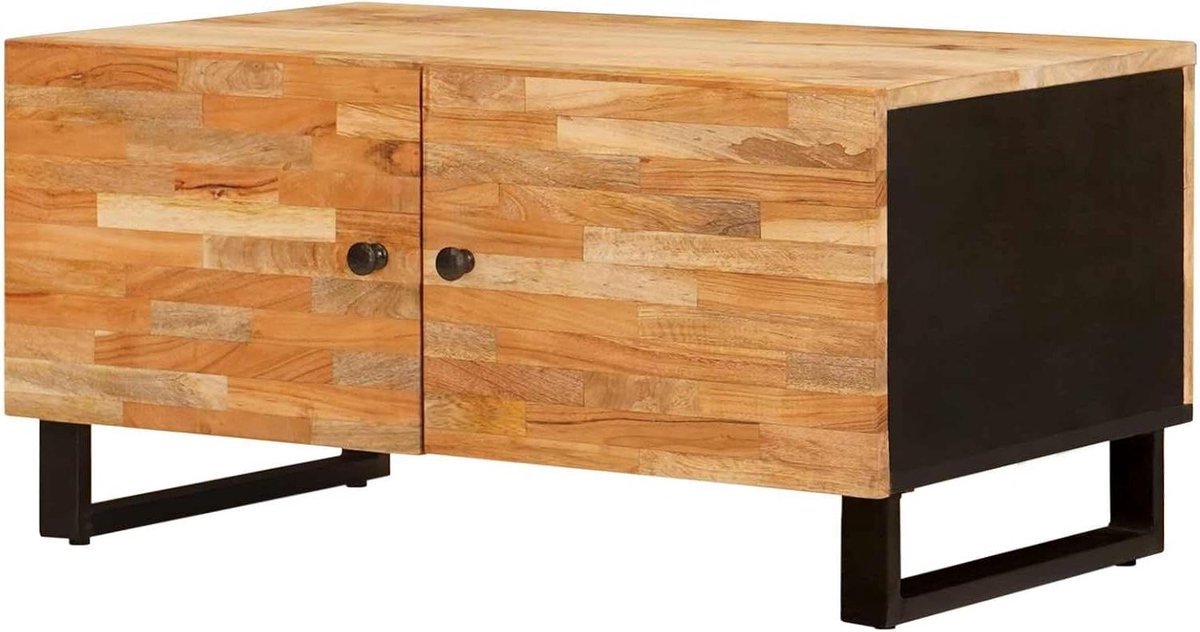 Salontafel Massief Hout - Woonkamertafel Opbergruimte - Woonkamer Inrichten - Natuurlijke Nerf Structuur - 80 x 50 x 40 cm