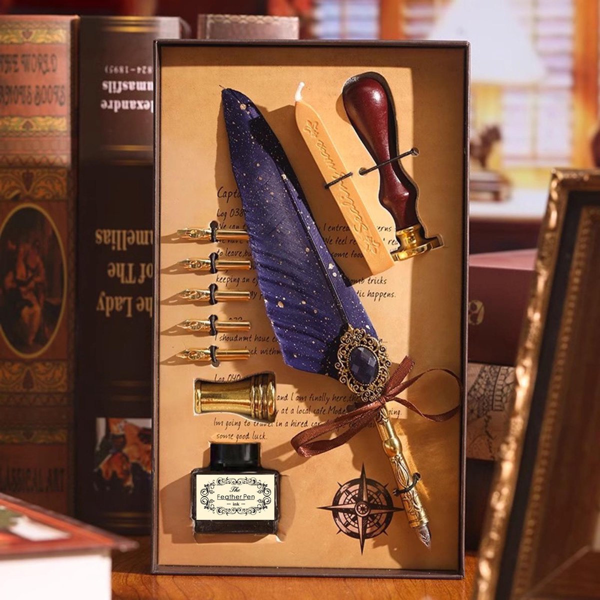 Casalora® Magische Edelsteen Verenpen Set – 10 Delige Vintage Vulpen Cadeauset met Veerpen, Penhouder, 5 Verwisselbare Pennenpunten, Lakzegel & Zwarte Inkt – Luxe Schrijfset voor Creatief Schrijven, Decoratie en Cadeau