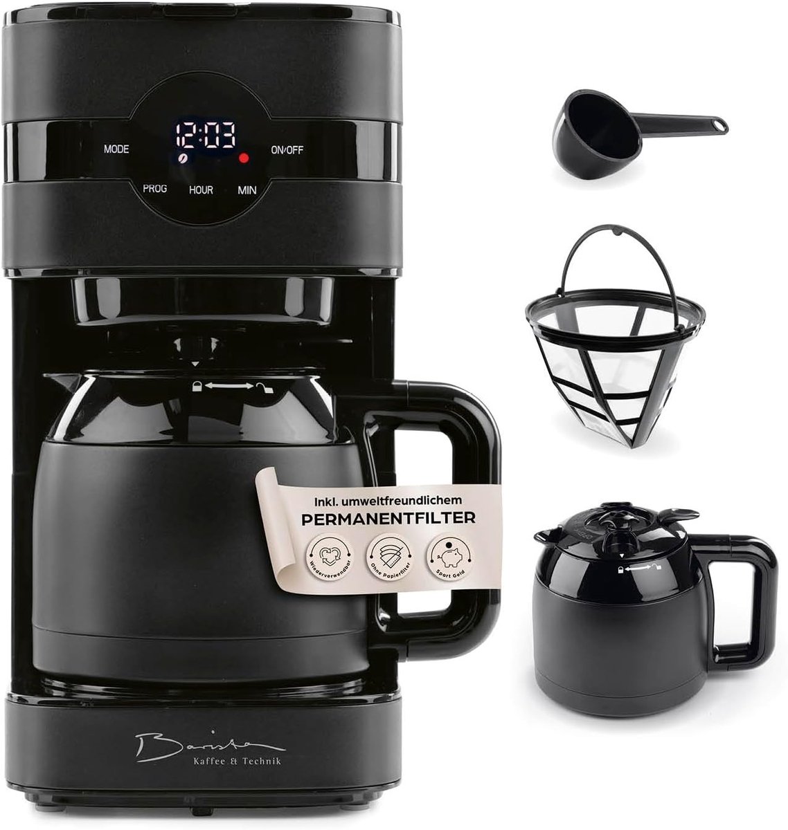 Filterkoffiezetapparaat - Zwart - Voor 8 Kopjes - Met Thermoskan en 24-Uurs Timer - Voor Koffiepoeder