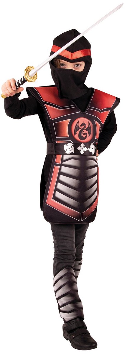 Ninja krijger kostuum voor kinderen – zwart/rood 5-delig Maat 152