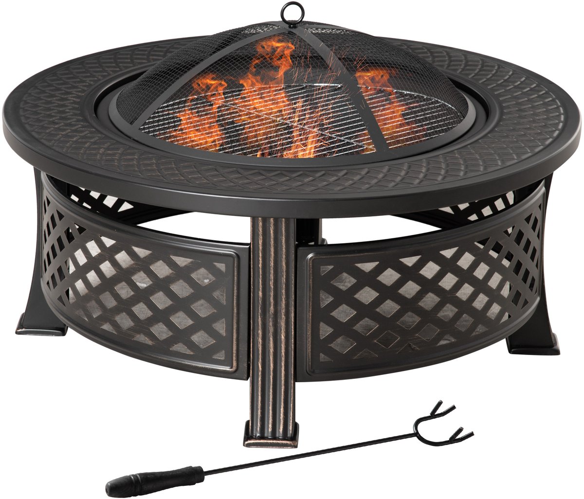 Vuurschaal met pook - vonkenvanger - vuurkorf - ronde vuurtafel - vuurkorf voor tuin - camping - barbecue - staal - zwart - 81 x 81 x 50 cm