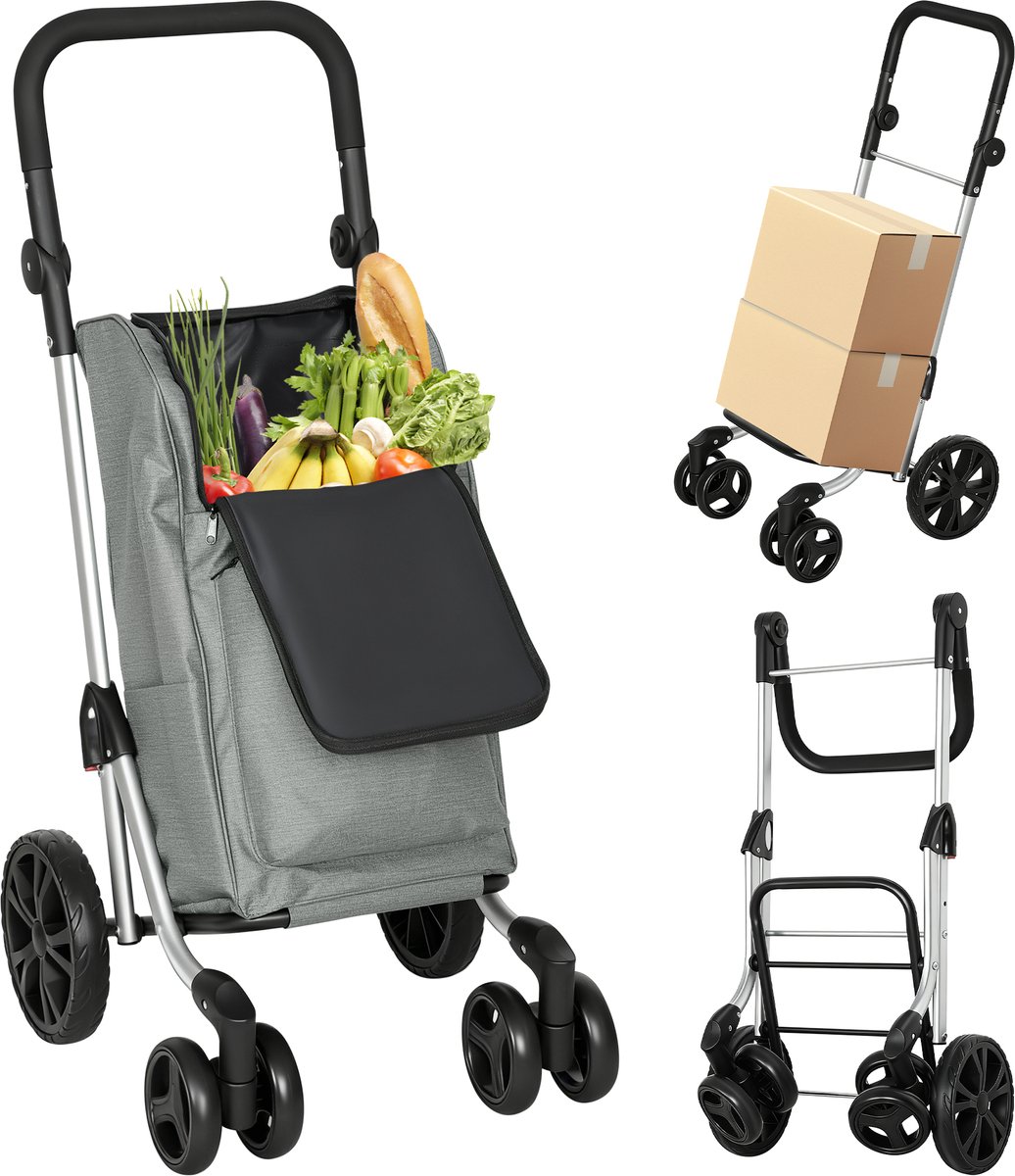 Winkelwagen - 46 liter inhoud - opvouwbare boodschappenwagen met koeltas - verstelbare handgreep - aluminium frame - grijs