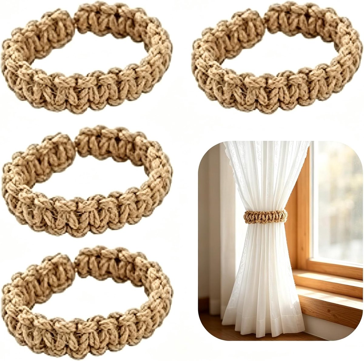 4 stuks gordijnhouders - macramé - gordijnhouder - handgevlochten gordijnhouders voor gordijnen en gordijnen - zonder boren - gordijnband - gordijnhouder - gordijnen - accessoires voor woonkamer