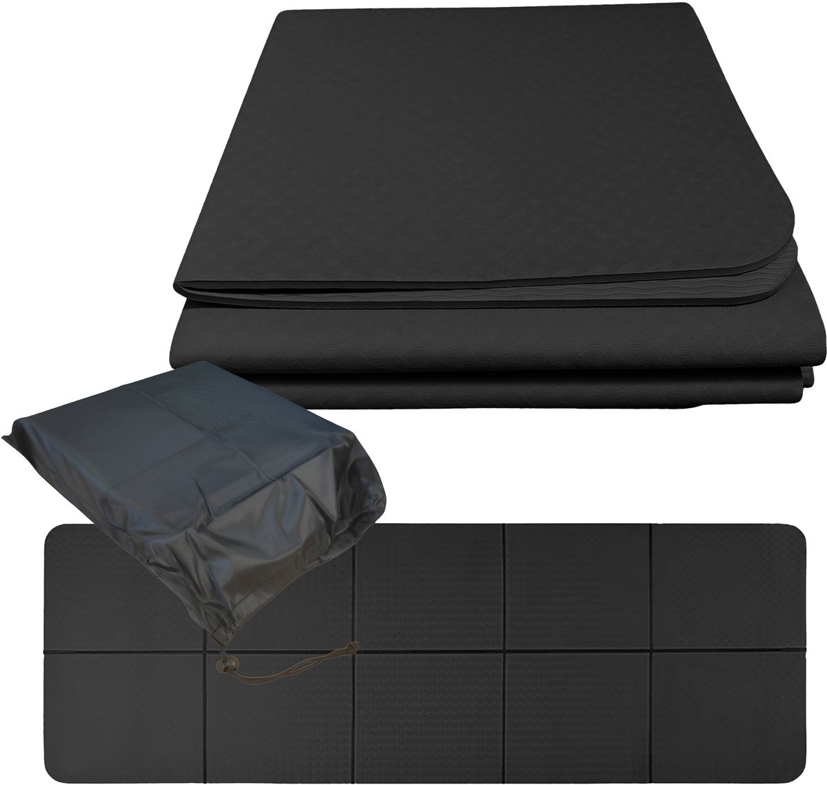 Yogamat antislip - 6 mm - opvouwbaar - met tas - zwart