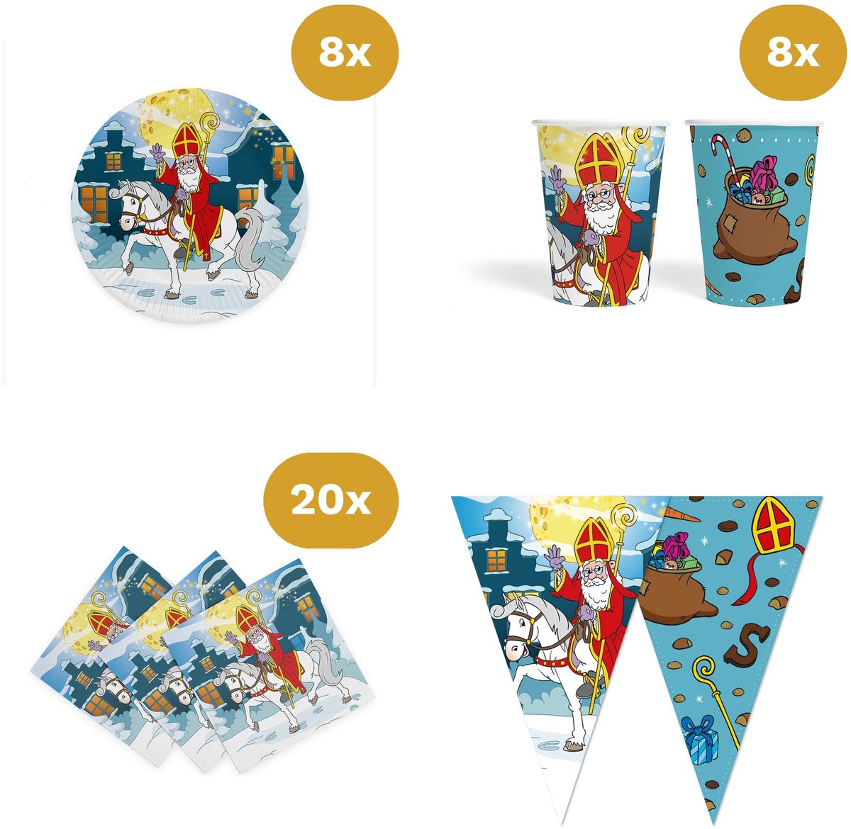 Sinterklaas Versiering Startpakket All-in-1 - 8x Bordjes, 8x Bekertjes, 20x Servetten & Vlaggenlijn 10m - Feest & Tafel Set