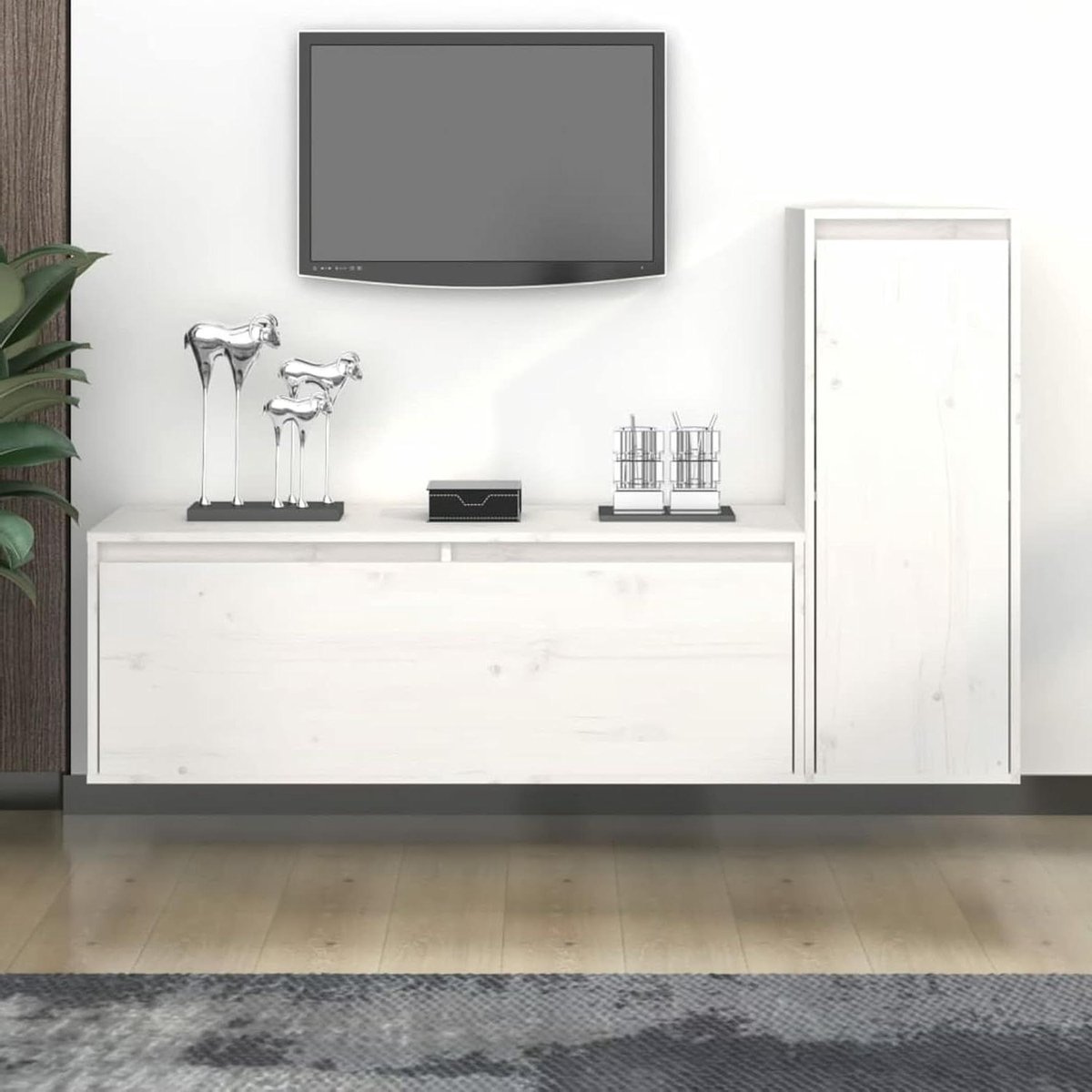 Tv-meubelset - Wandkast - Opbergen Woonkamer - Massief Grenenhout - 2 stuks - Wit