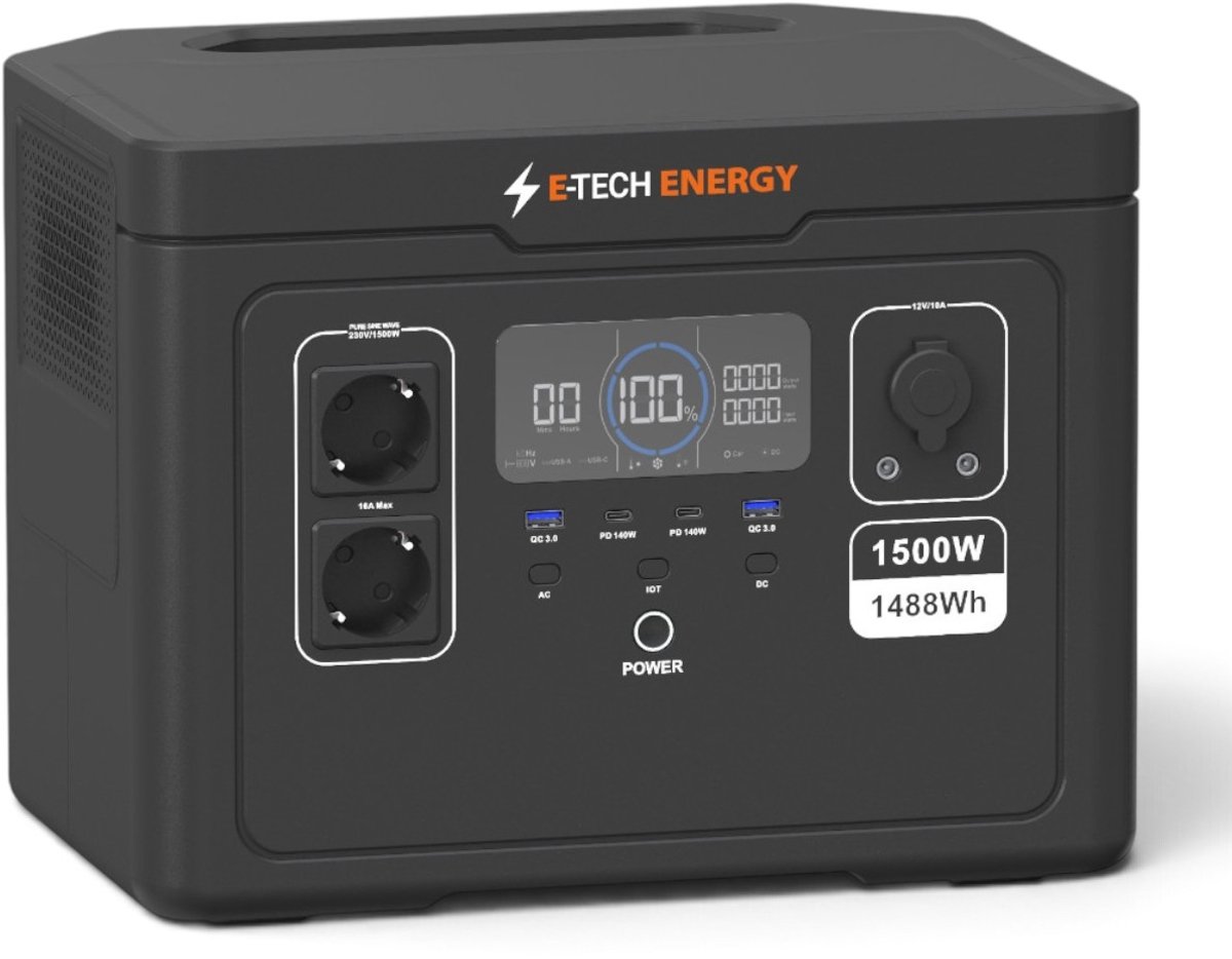 E-TECH ENERGY S015-1500W - Powerstation 1500W – 1488Wh LiFePO4 – 3600W piek – draagbare noodstroomvoorziening