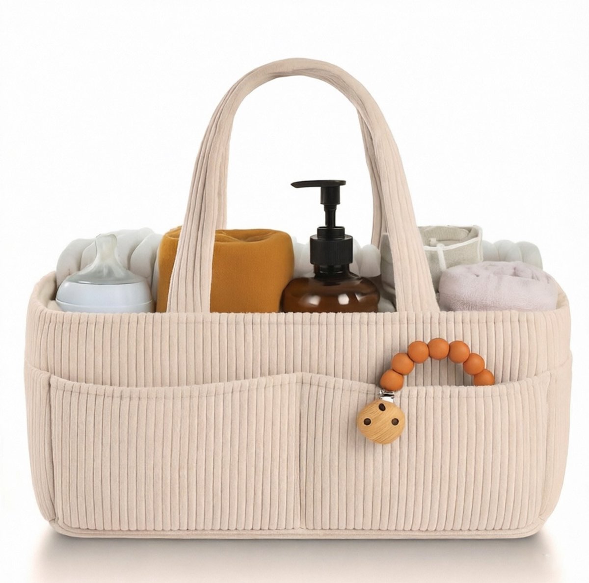 Luiertas - Luiermand - Baby opbergzak - Verzorgingsmand - Reisbaby tas - Meerdere opbergvakken voor overzichtelijke indeling - Corduroy stof - 38×23.5×18 Cm - Geschikt voor babyverzorging, luiers opbergen, babyaccessoires, thuis en onderweg - Beige