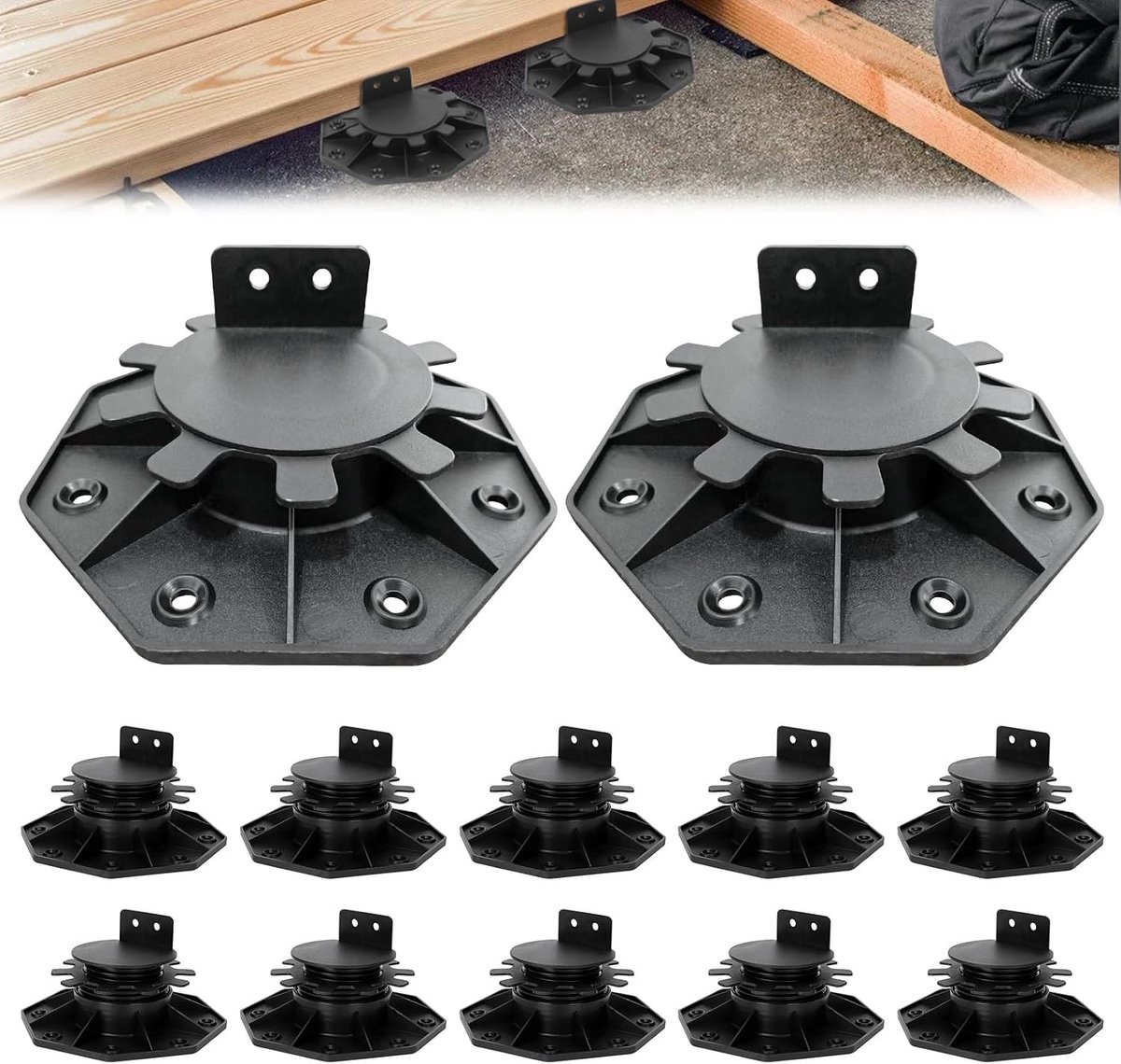 Set van 12 in hoogte verstelbare lagers voor terrasplaten van 30 - 60 mm, ideaal voor tuinbestrating, waterspellen en fonteinen, perfect voor terrastuinen en doe-het-zelfprojecten.