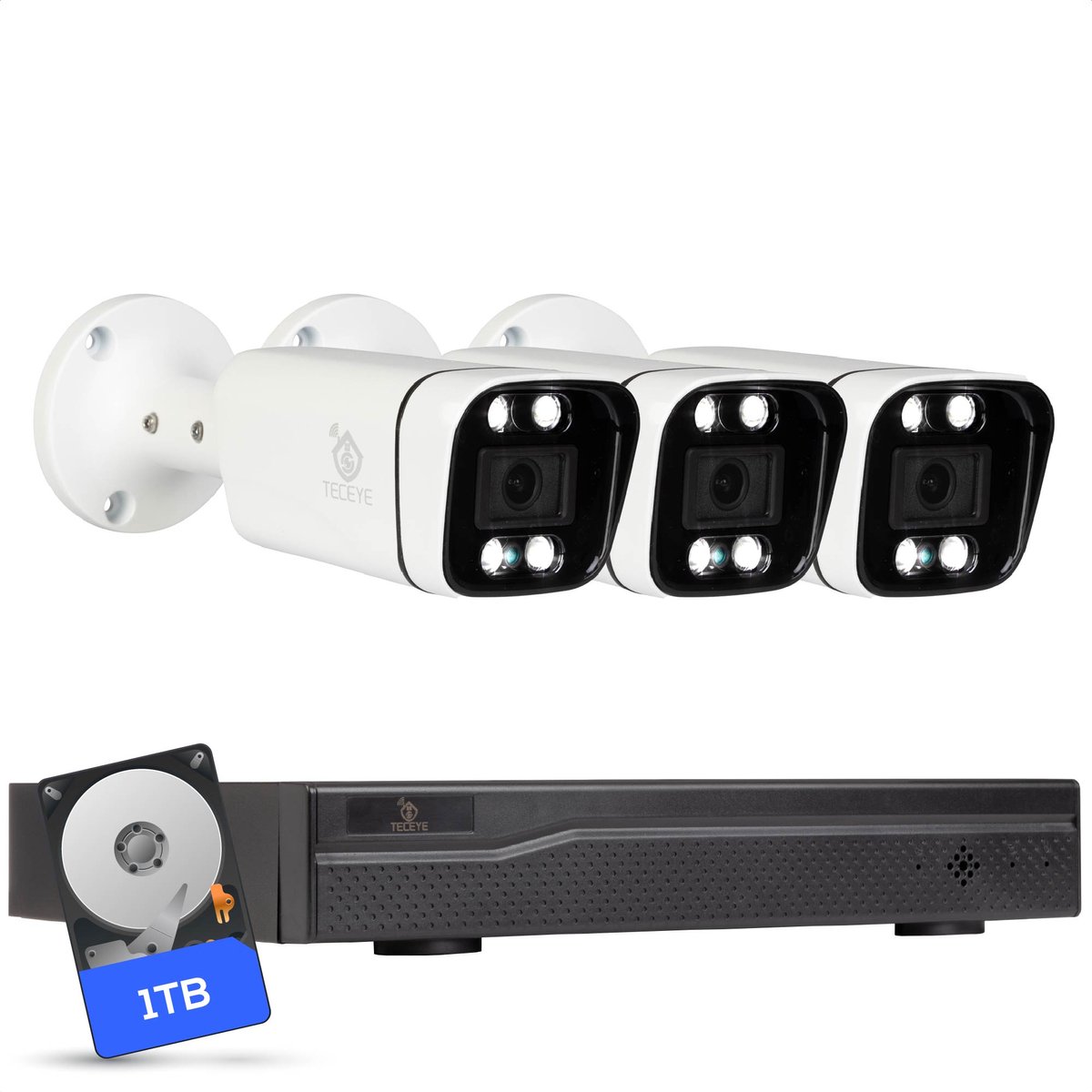 Teceye Compleet Camera Beveiliging Set met 3x POE Camera - 1TB - Beveiligingscamera - Beveiligingscamera binnen - Beveiligingscamera buiten - CCTV Camera systeem - Beveiligingscamera set - Bewakingscamera set