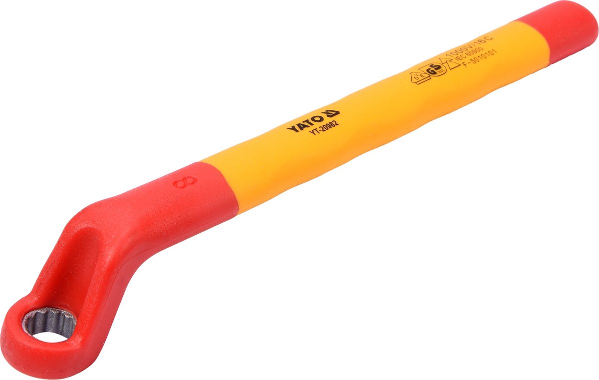 YATO VDE Geïsoleerde Gebogen Ringsleutel 8 mm - 1000V Geïsoleerd Gereedschap - Lengte 155 mm - Chroom-Vanadium Staal - Elektriciens Ringsleutel Gebogen voor Werkzaamheden Onder Spanning (YT-20982)