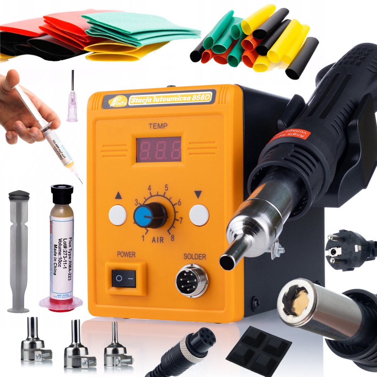 Rosfix Hotair Soldeerstation 858D Set - 700W, 3 Spuitmond - 100–500°C, 22mm, 328 Krimpkous
