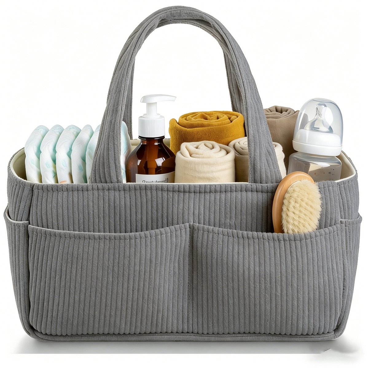 Luiertas - Luiermand - Baby opbergzak - Verzorgingsmand - Reisbaby tas - Meerdere opbergvakken voor overzichtelijke indeling - Corduroy stof - 38×23.5×18 Cm - Geschikt voor babyverzorging, luiers opbergen, babyaccessoires, thuis en onderweg - Grijs