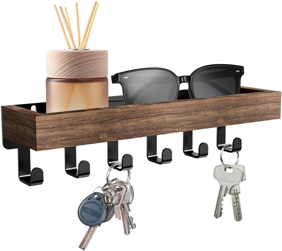 Bobypet - Wandkapstok - Kapstok met hoedenplank en 6 haken - Sleutelrek en posthouder - Wandorganizer voor het ophangen van sleutels en opbergen van post en accessoires - 24.5*7*6cm - Houtskoolkleur