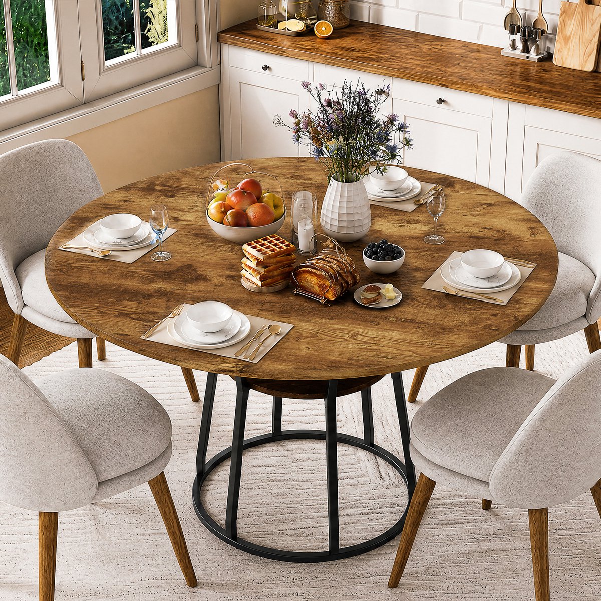 Eettafel 120x75 cm, ronde eettafel voor 4 personen met opbergruimte, moderne tafel voor eetkamer, MDF tafelblad, metalen frame, houtlook, zwart
