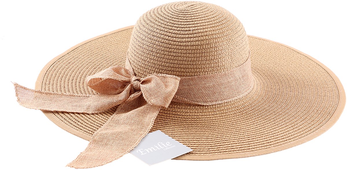 Emilie collection - hoed - XL Dames Zonnehoed – camel beige - Grote Zomerhoed met Strik – Strandhoed