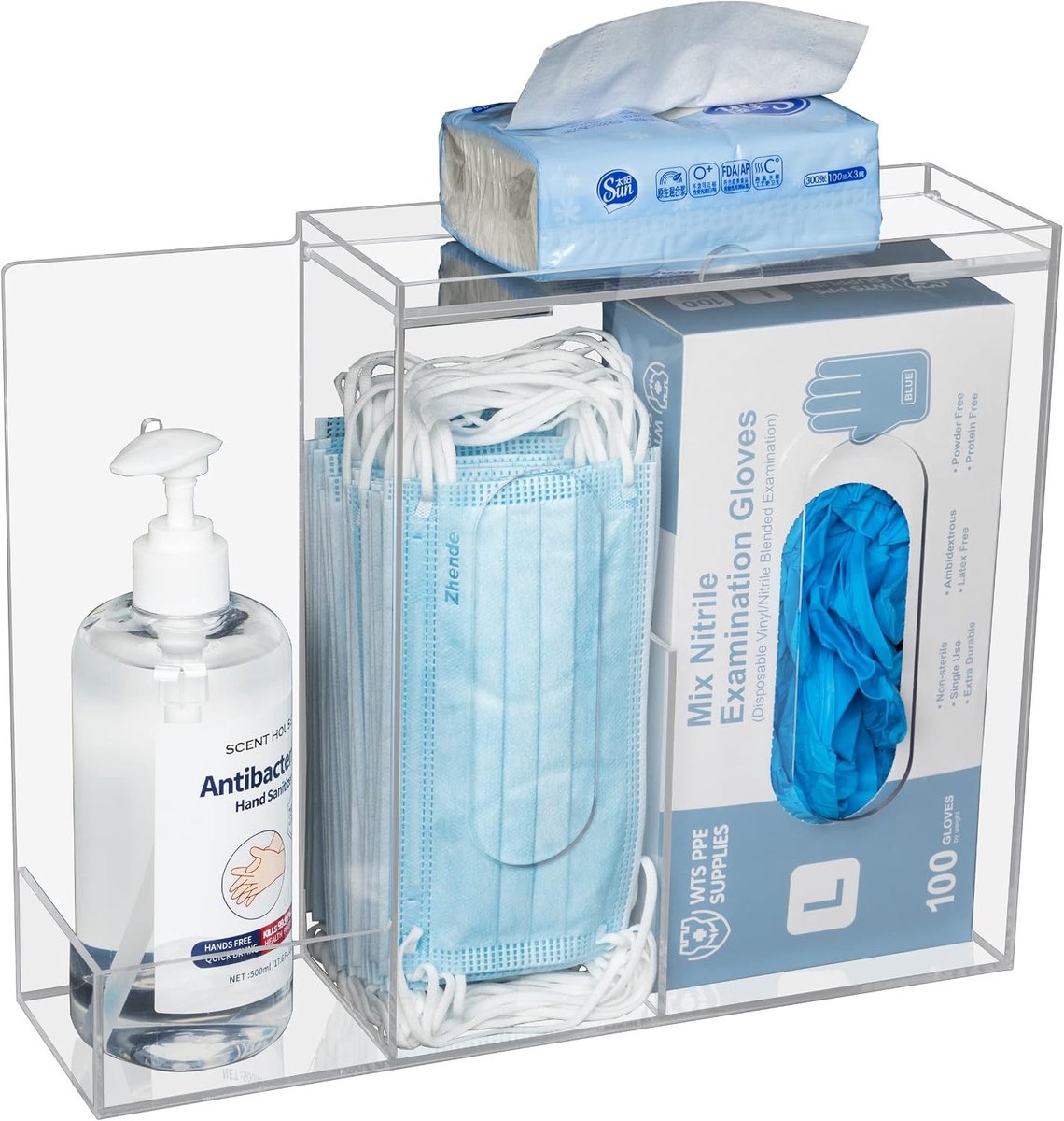 Acryl Masker Opbergdoos - Transparant - 33,5 x 27 x 9,5 cm - Duurzame Dispenser met 3 Compartimenten - Voor Hygiëne Station