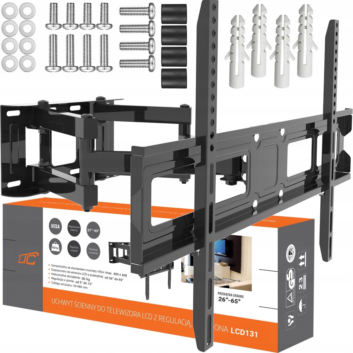LTC TV Muurbeugel 26-65 inch Draaibaar Kantelbaar 50kg VESA 400x400