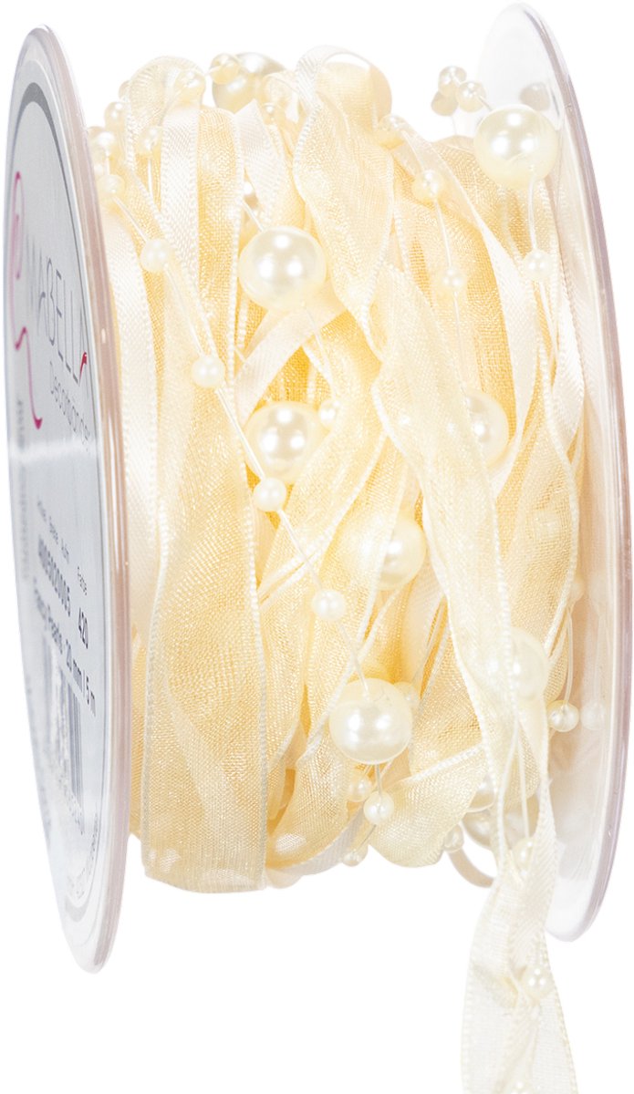 Decoratief lint met parels, crèmekleurig, 20 mm, 5 m