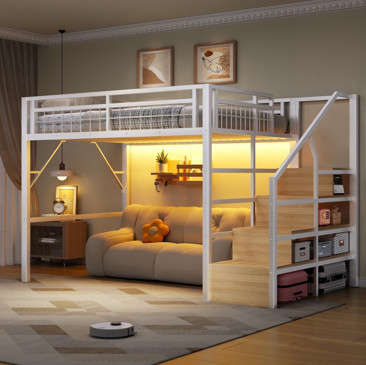 COVREO Hoogslaper 140x200 cm wit, metaal en MDF, LED-verlichting en opbergtreden