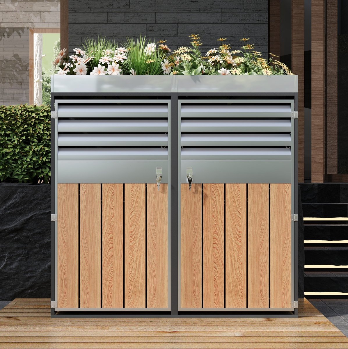 COVREO Containerberging 132x80x124,5 cm grijs, metaal met plantenbak