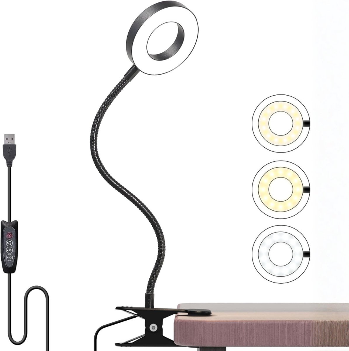 ZRNS® Leeslamp Slaapkamer - Nachtlampje Dimbaar - Klemlamp - 360° Draaibaar