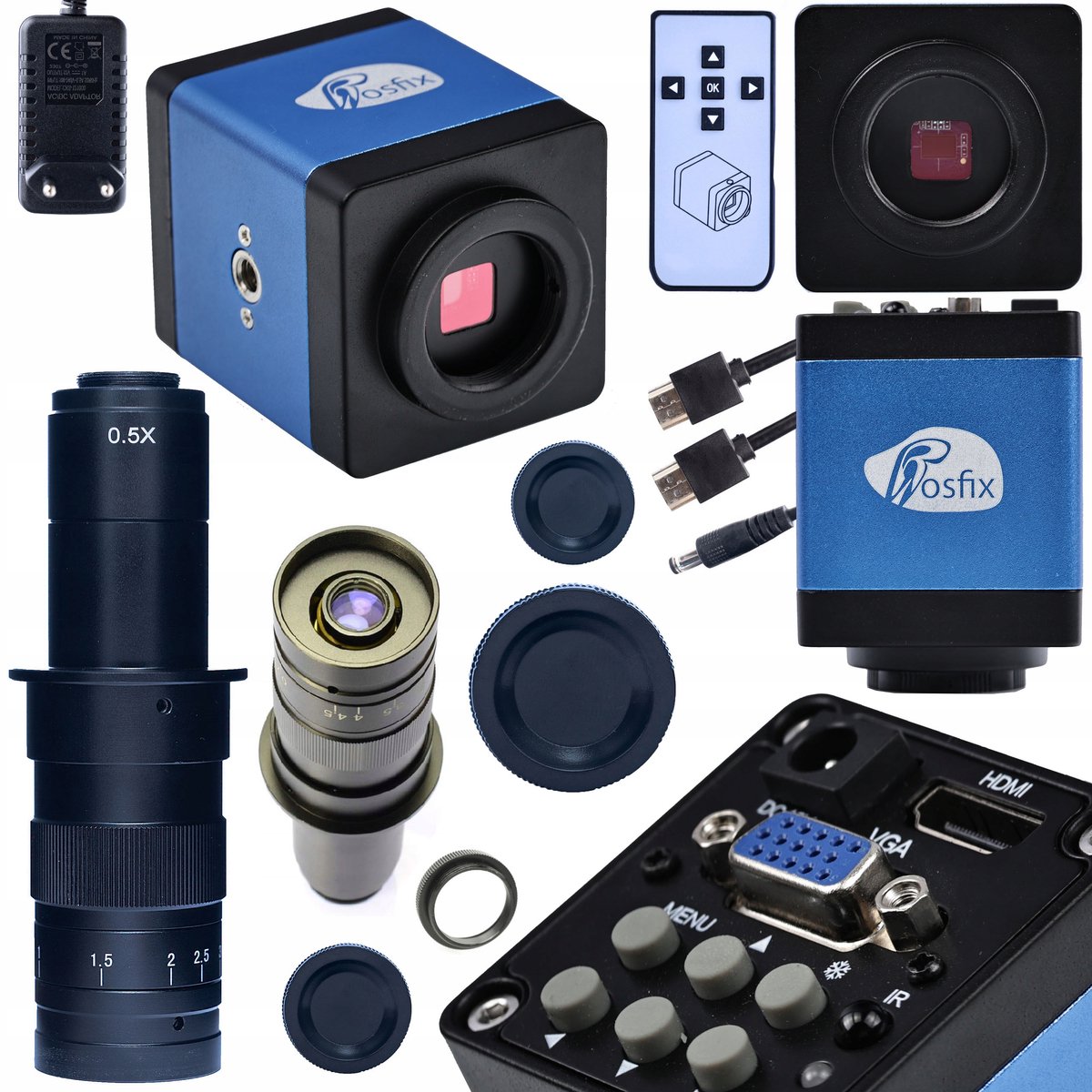 Rosfix Microscoopcamera Set Blue Pro KMDBP-HDMI-VGA - 2MP C-Mount - 1080p60 HDMI/VGA, Objectief 180x