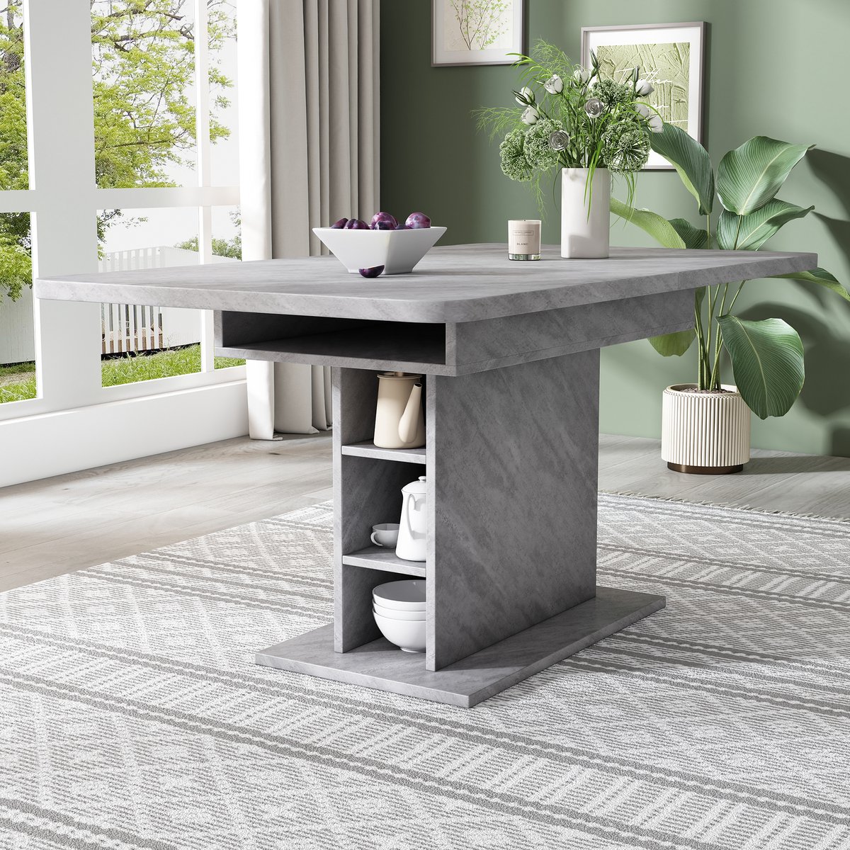 Intebiki Uitschuifbare eettafel (130×70 cm) - houten keukentafel met opbergplanken - Eettafel met dire planken - Biedt plaats aan 4-8 personen - Betonstijl