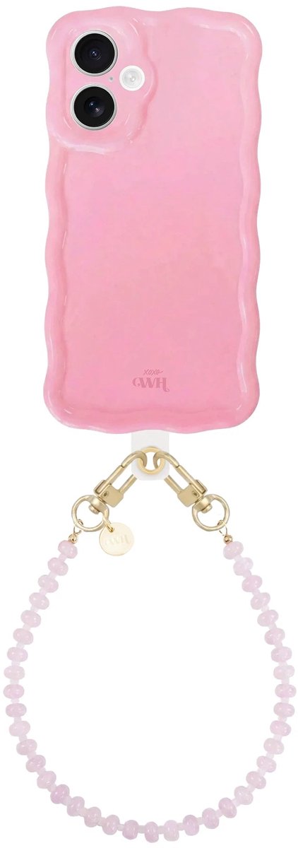 xoxo Wildhearts Glossy Wavy Case Bubble Blush - Dusty Pink (kort koord) - geschikt voor iPhone 16 Plus - hoesje met telefoonkoord - afneembaar koord - Kralenketting - kort telefoonkoord - hoesje met golven - Roze
