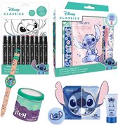 Disney Lilo & Stitch Mega Cadeaubox (4-Delig) – Dagboek met Slotje & Magie Pen + Analoog Horloge in Blik + Kleurset met Stiften + Verzorgingsset (Badbruisbal & Showergel)