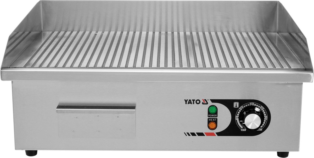 YATO Elektrische Bakplaat Geribbeld 3000W - Professionele RVS Horeca Grillplaat 555 x 350 mm - Ribbel Baktraf met Vetopvangbak & Spatrand - RVS Contactgrill voor Vlees, Tortilla's & Groenten (YG-04587)